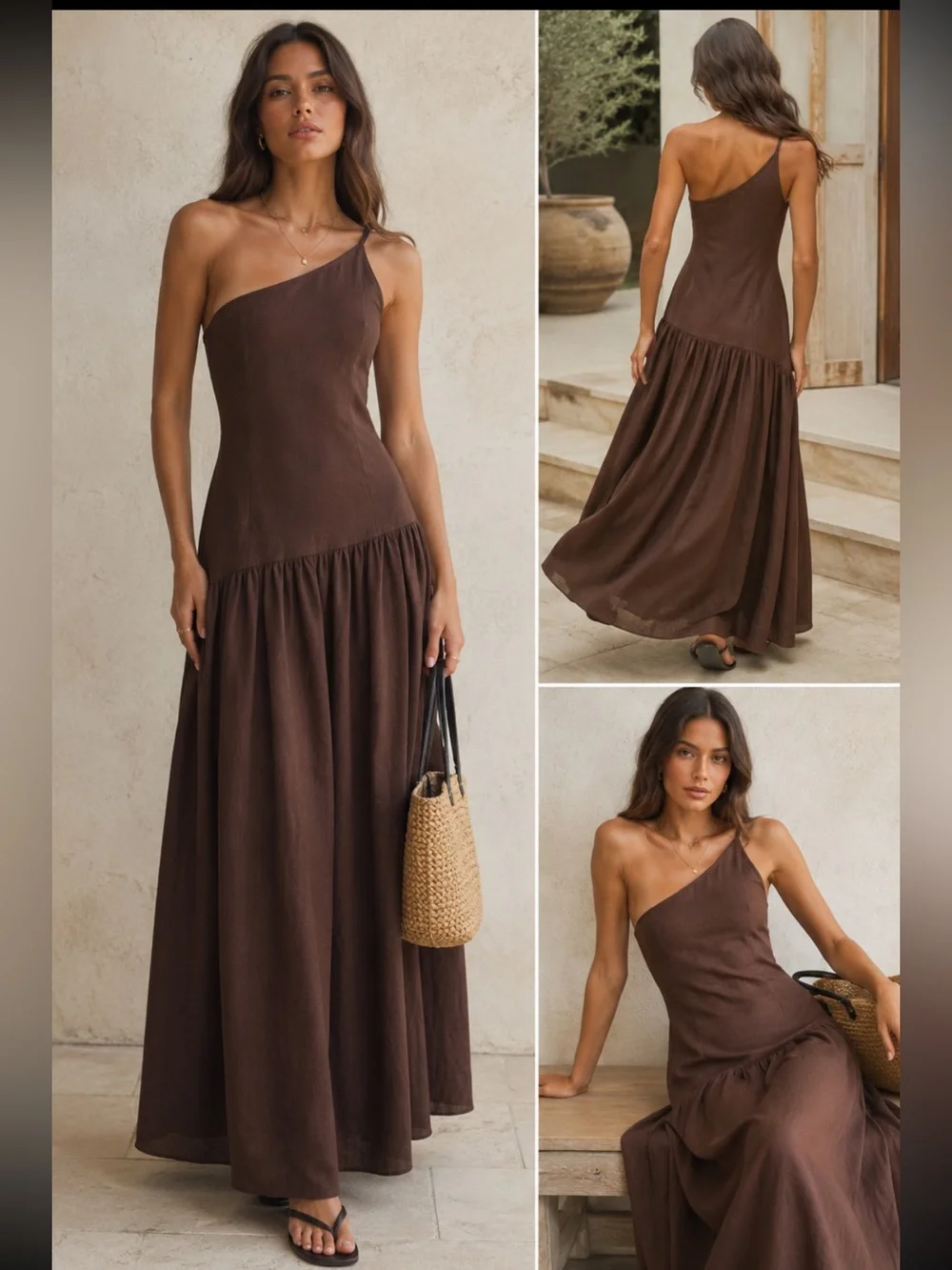 Peppermayo One-Shoulder Brown linen Maxi Dress sz small - Picture 1 of 3